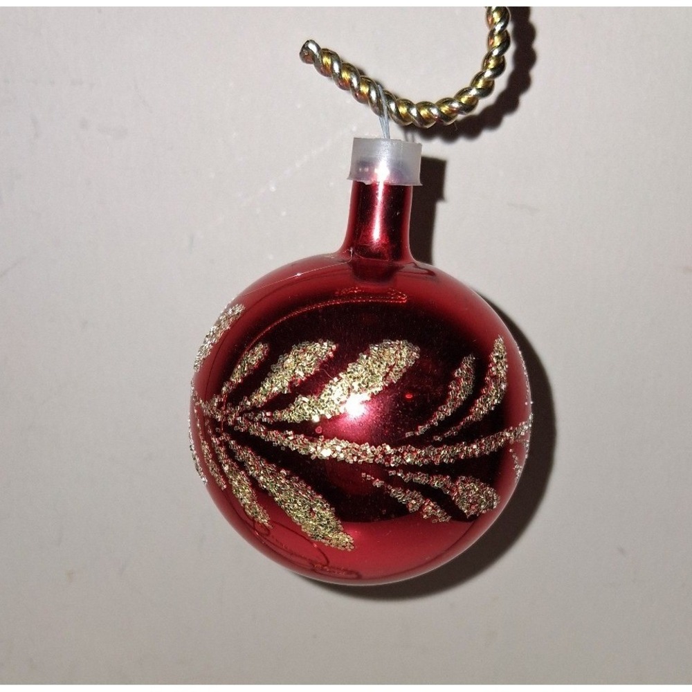 Vintage Colombia Glass Christmas Ornament Red Gold Glitter Leaf 2.5"